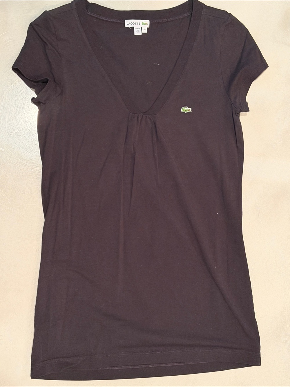 Lacoste Women's Black V-Neck Short Sleeve Tee with Green Croc Logo